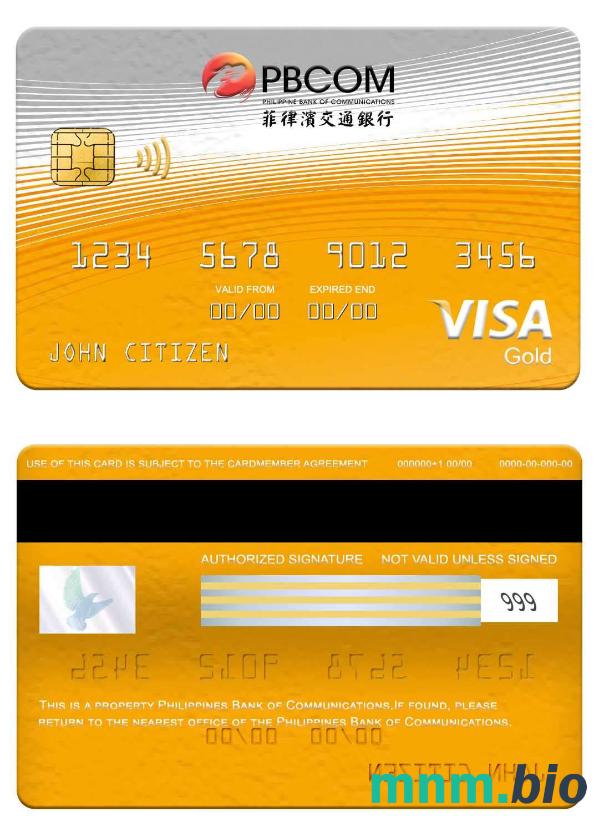 Philippines Bank of Communications visa złoto karta przykład w formacie PSD